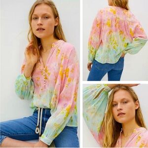 PILCRO Anthropologie The Tavi Ombre Watercolor Floral Print Blouse Size XS